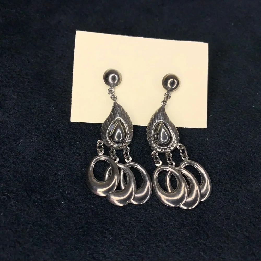 Vintage Rare Dark Silver Chrome Earrings Art Deco Dangle Chandelier Style Mod